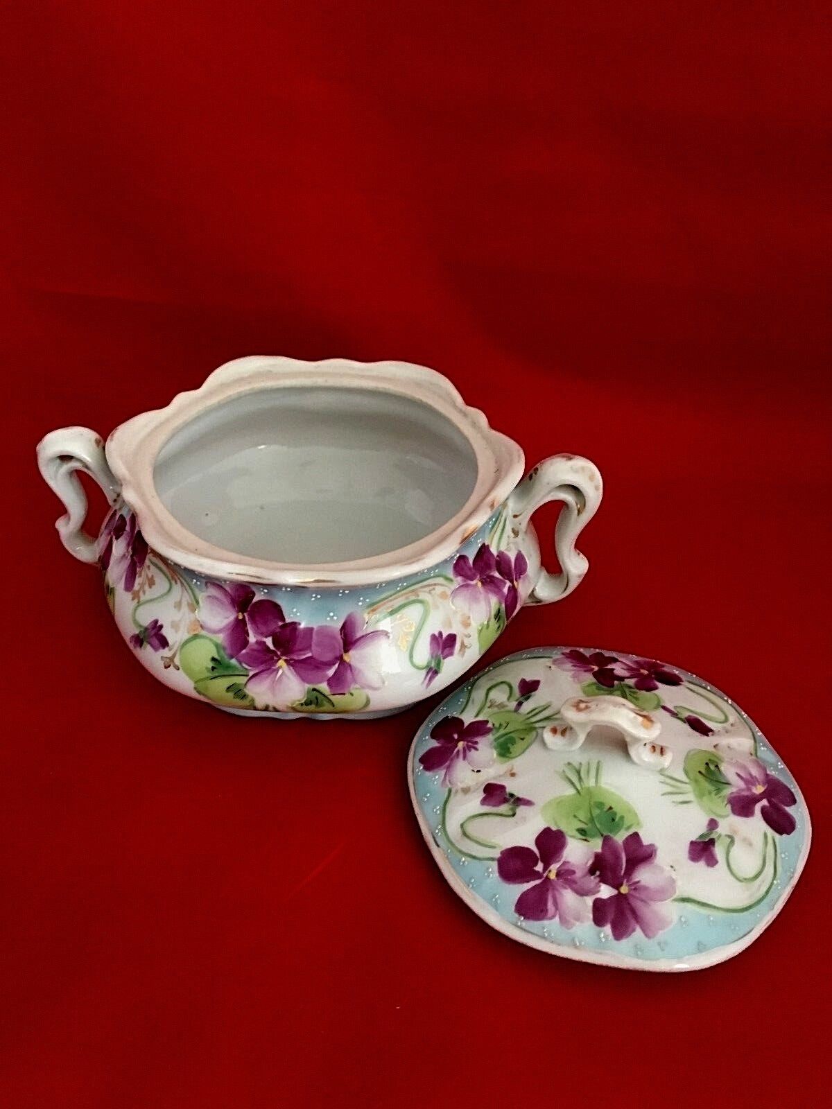 Antique Nippon Bowl Lidded with under plate cobalt edged floral violets design Без бренда - фотография #5