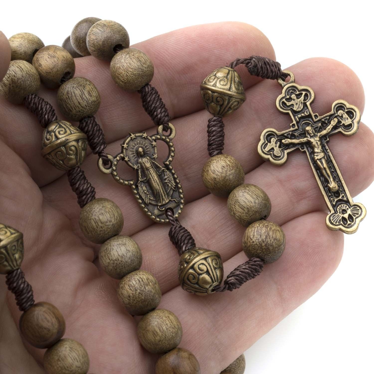 Catholic Rosary Beads Wood Strong Cord Miraculous Center Men Women Brown Iconeum