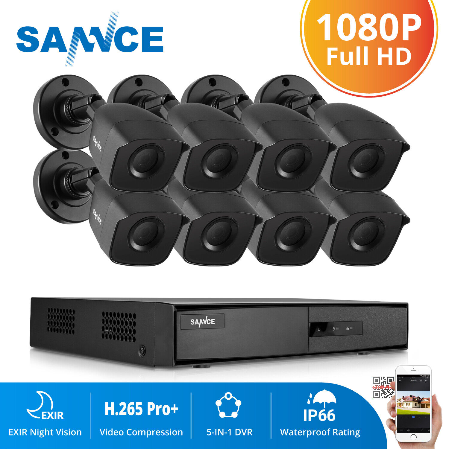 SANNCE 5in1 8CH 1080P HDMI DVR HD 2MP IR CUT CCTV Outdoor Security Camera System SANNCE SU-DN81BL0-58ER