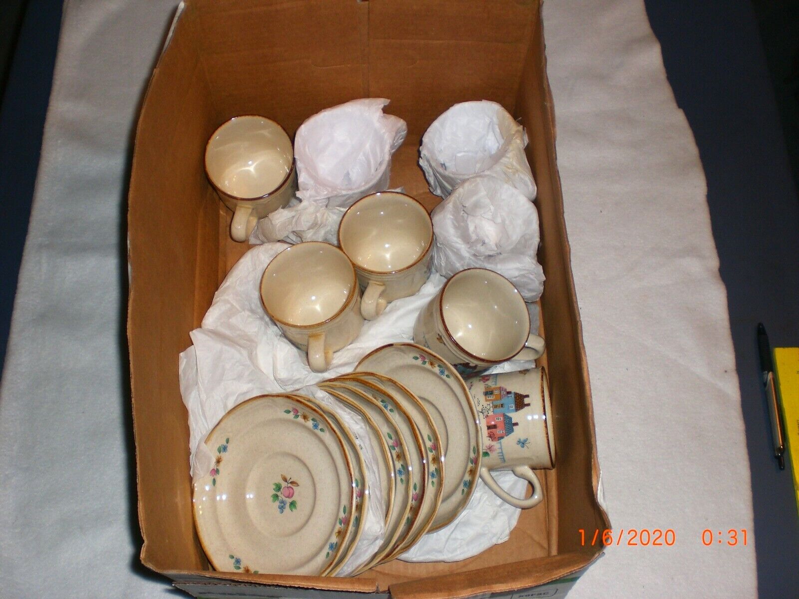 Set of 8 International Tableworks Heartland Village Cups and Saucers  Louisville Stoneware International Tableworks Heartland Village