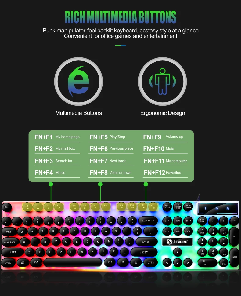 Gaming Keyboard and Mouse Set, Rainbow, Waterproof Keyboard, 1000 DPI Mouse Unbranded - фотография #5