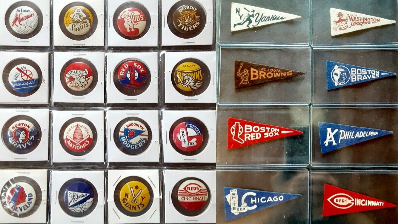 VINTAGE 1950 AMERICAN NUT & CHOCOLATE BASEBALL COMPLETE 16 PIN & 16 PENNANTS SET Без бренда