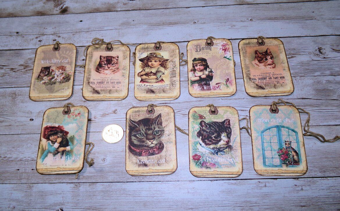 9~Vintage~Shabby Chic~Cats~Junk Journal~Linen Cardstock~Gift~Hang~Tags Unbranded