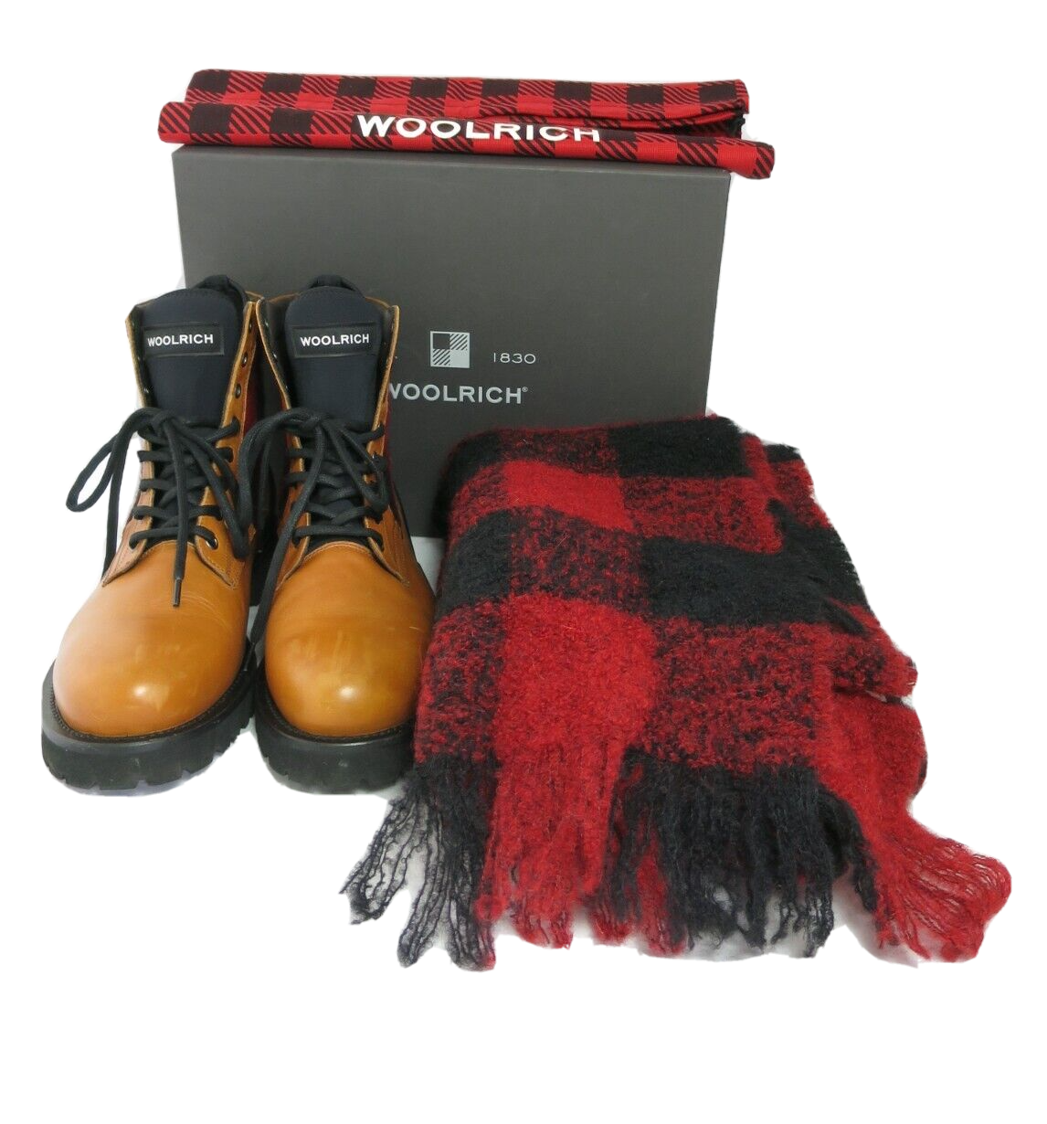 Woolrich Brown Leather Buffalo Plaid Flannel Boots Match Scarf Orig Box US 9.5 Woolrich Buffalo Plaid