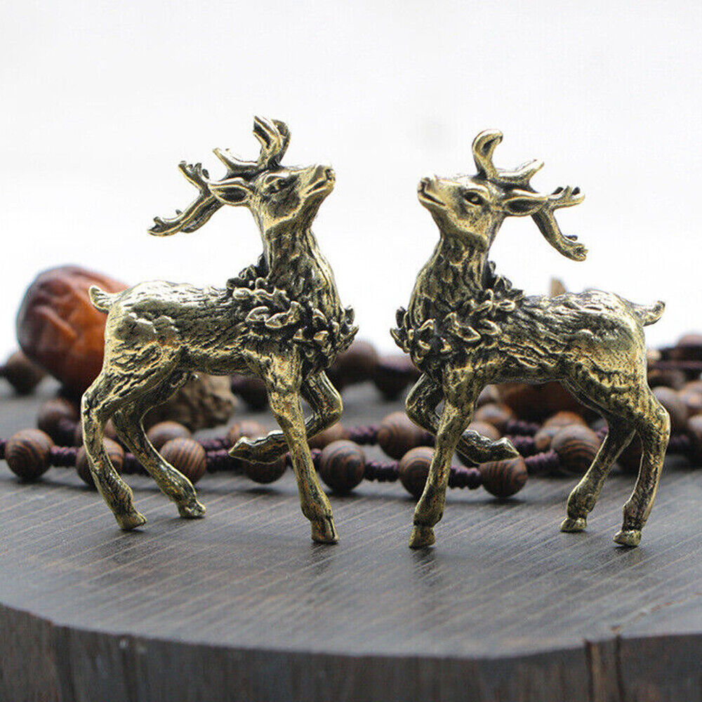 2Pcs Solid Brass Sika Deer Figurine Small Statue Home Ornament Figurines Без бренда