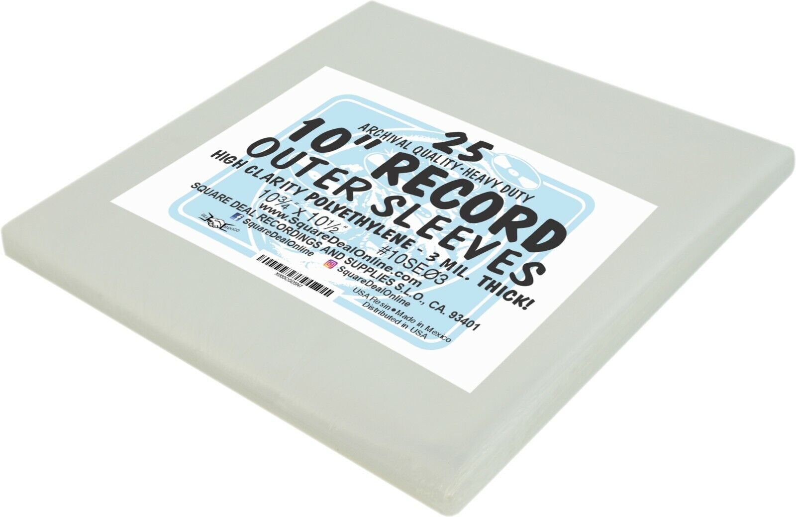 (25) 10" Record Outer Sleeves Vinyl Outersleeves 3mil Polyethylene Bags #10SE03 Square Deal Recordings & Supplies 10SE03