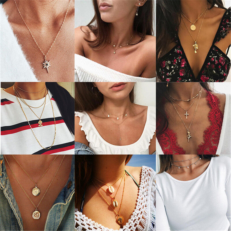 Boho Women Multi-layer Long Chain Pendant Crystal Choker Necklace Jewelry Gift Unbranded - фотография #6