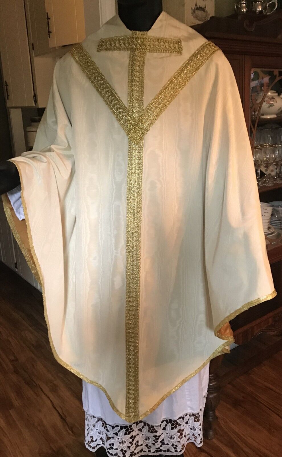 White Silk Conical Chasuble (5 piece vestment set) Homemade