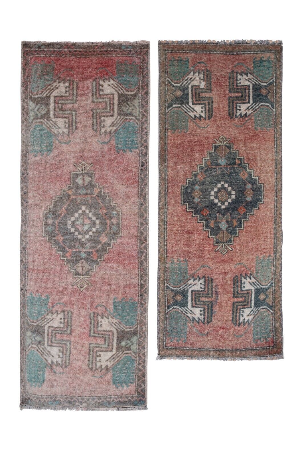 Pair of Vintage Turkish Oushak Yastik Scatter Rug - Faded Tribal Carpet Handmade Runner Rug