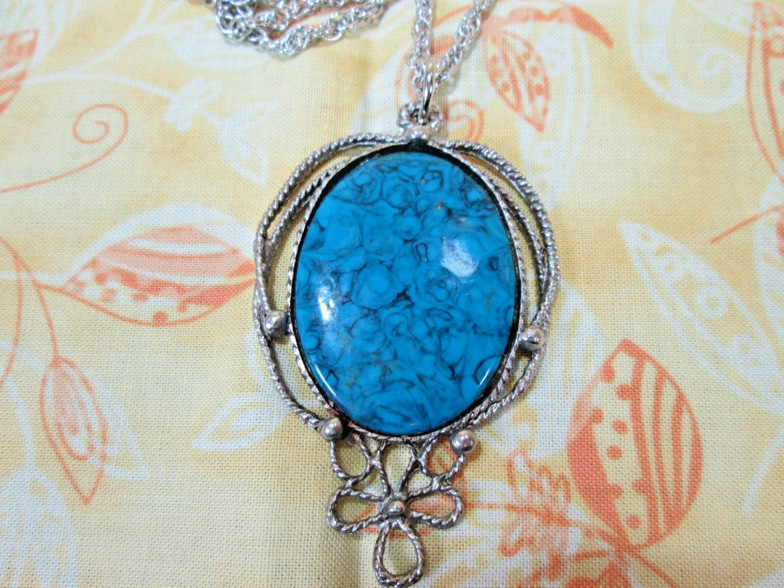 Vintage Large Blue Faux Stone Pendant w/ Silver Plated Rope Chain 28" / 1N Unbranded - фотография #5