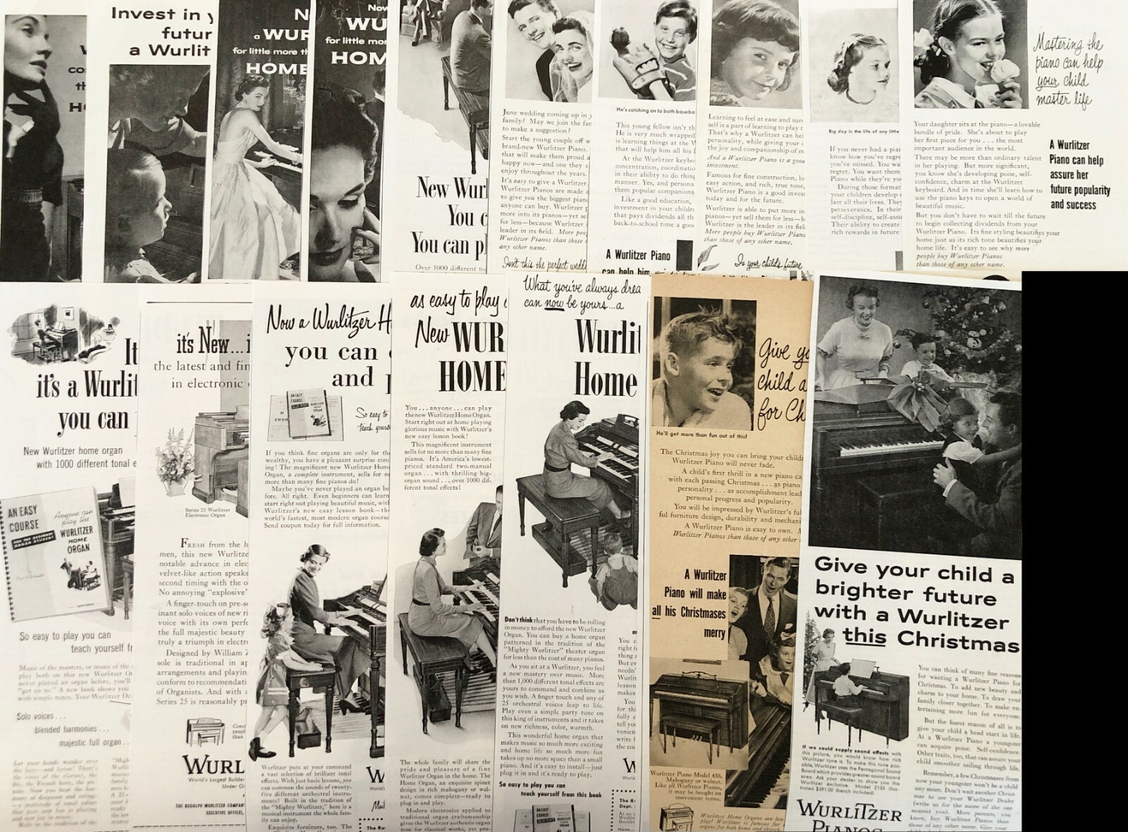 Lot 17! Vtg 1950s WURLITZER Piano&Home Organ Print Ads~Xmas Family Music Photos Wurlitzer