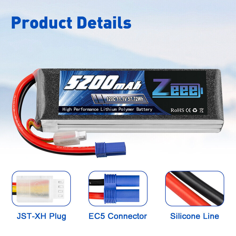 2PCS Zeee 11.1V 120C 5200mAh EC5 3S LiPo Battery for RC Car Helicopter Airplane ZEEE NOT SPECIFIED - фотография #2