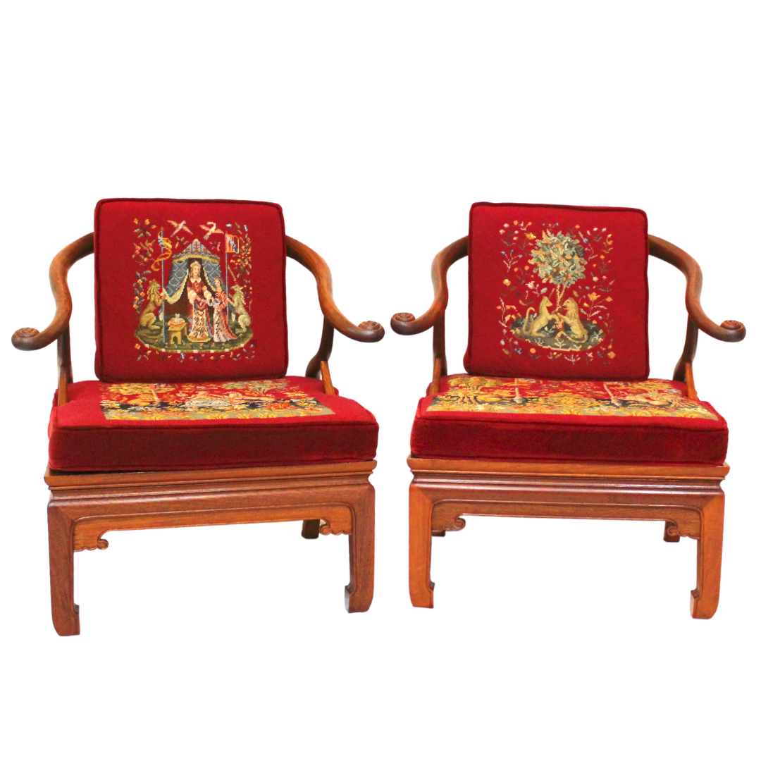 Vintage Chinese Rosewood Armchair Chairs Hand Stitched French Tapestry Cushions Unknown N/A