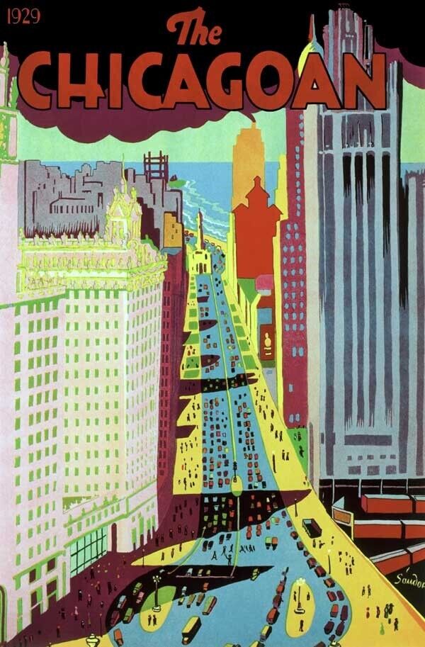 1929 CHICAGO CITYSCAPE ARCHITECTURE MAIN STREET COVER ART DECO POSTER 319164 Без бренда