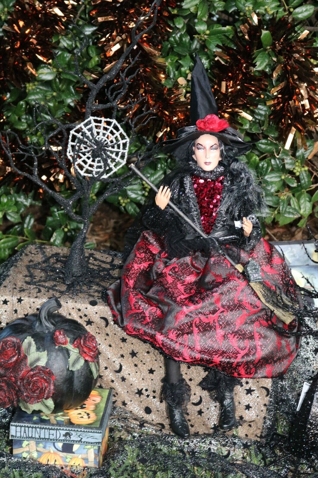Halloween WITCH doll sitting shelf sitter black  pumpkin with small whole. Unbranded
