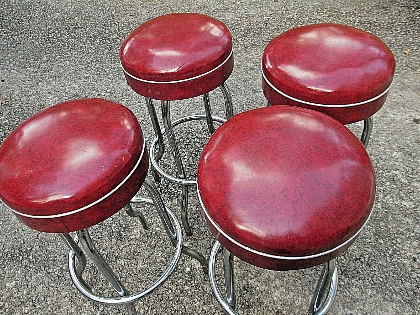 Set of 4 Vintage Original Mid Century Red Swivel Bar Stools Unbranded