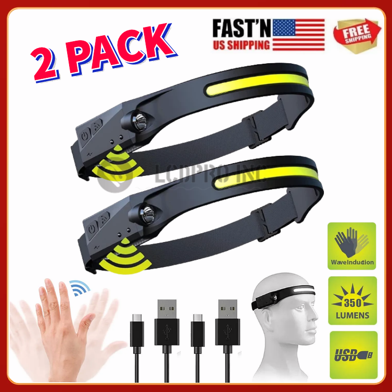 2PACK Headlamp COB LED Rechargeable Headlight Torch Work Light Bar Head Band USB Unbranded Does not apply