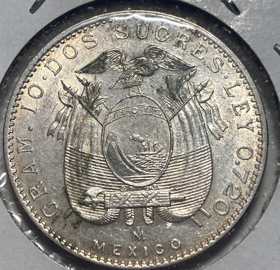 Ecuador 3 Coins, Scarce 1893/89 TF.900 2 decimos UNC 1944 .720 AU, 1937 Sucre Без бренда - фотография #2