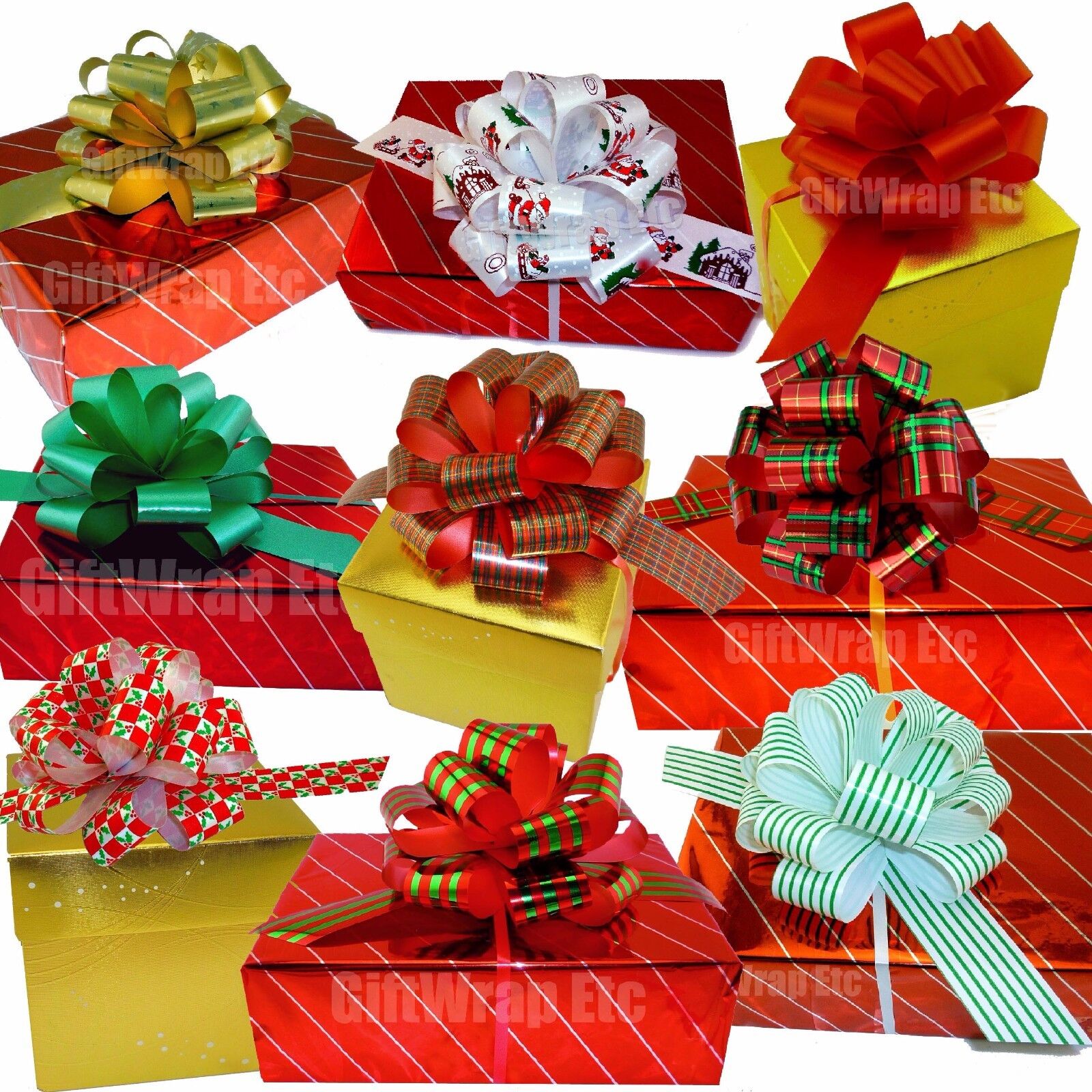 Christmas Gift Pull Bows - 5" Wide, Set of 9, Red, Green, Gold, Stripes, Swirls  GiftWrap Etc 51
