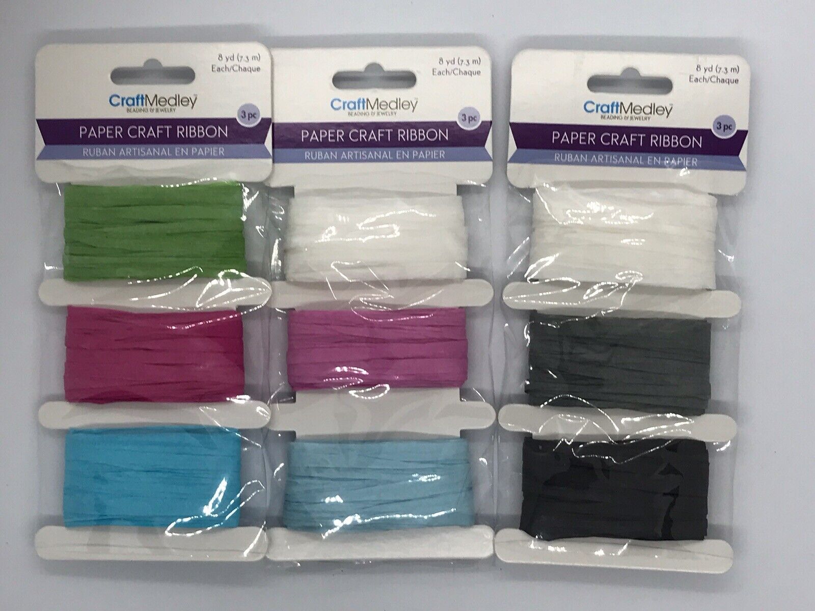 Paper Craft Ribbon Raffia Variety, 3 Packages, pink blue white black green grey Unbranded