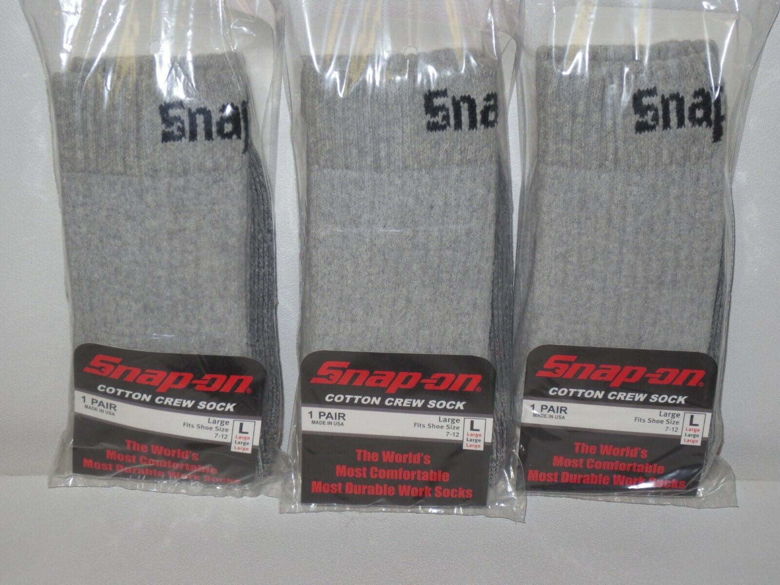 3 PAIRS Snap-On Crew Socks Men's GRAY LARGE ~ FREE SHIPPING ~ MADE IN USA *NEW* Snap-on