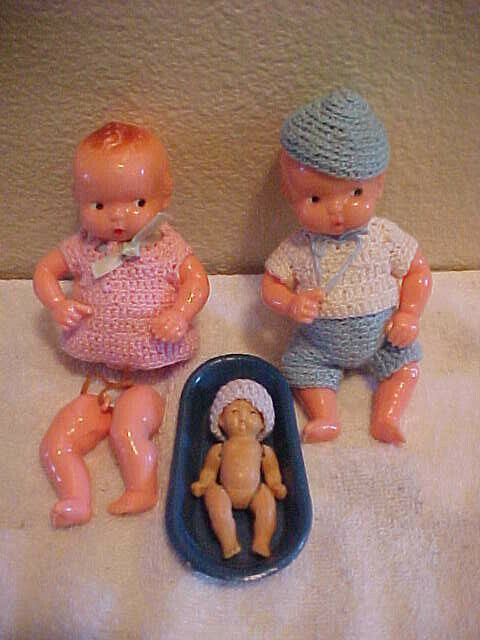 Lot of 3 Vintage Baby Dolls 1 Bisque Japan Tub  Set of Irwin Hard Plastic Twins  Irwin