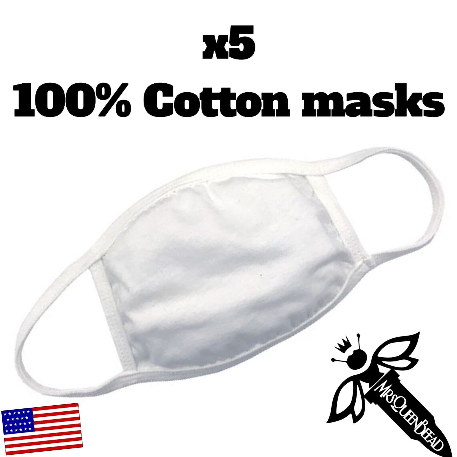 5 White 100% Cotton Face Mask Lot Washable Reusable Unisex Comfy🤍X5 masks DEAL MrsQueenBeead