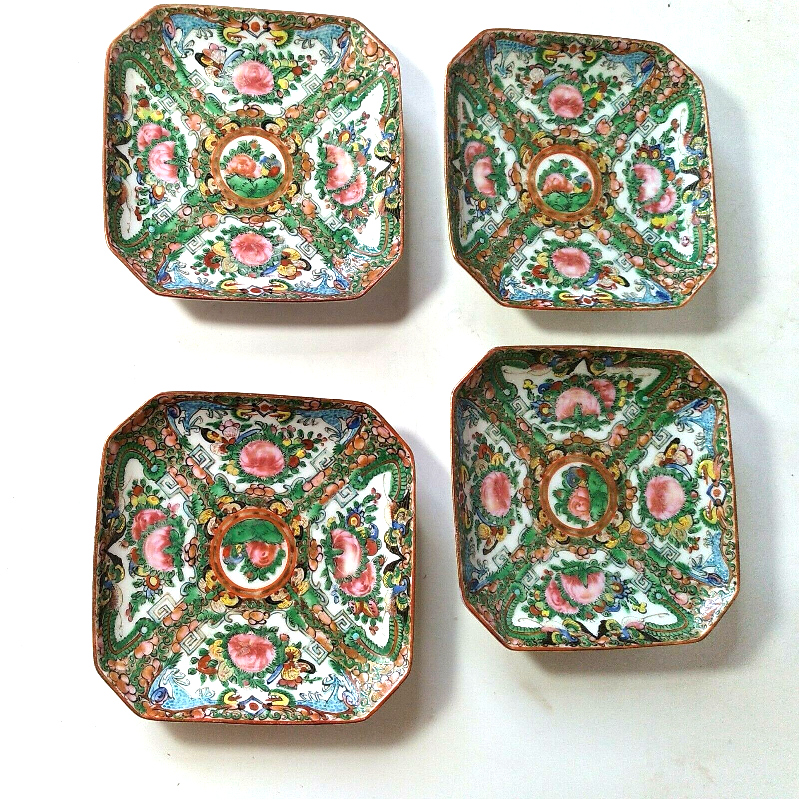 Lot Antique Canton China Famille Rose Medallion Plates Square Early 20th cent Без бренда