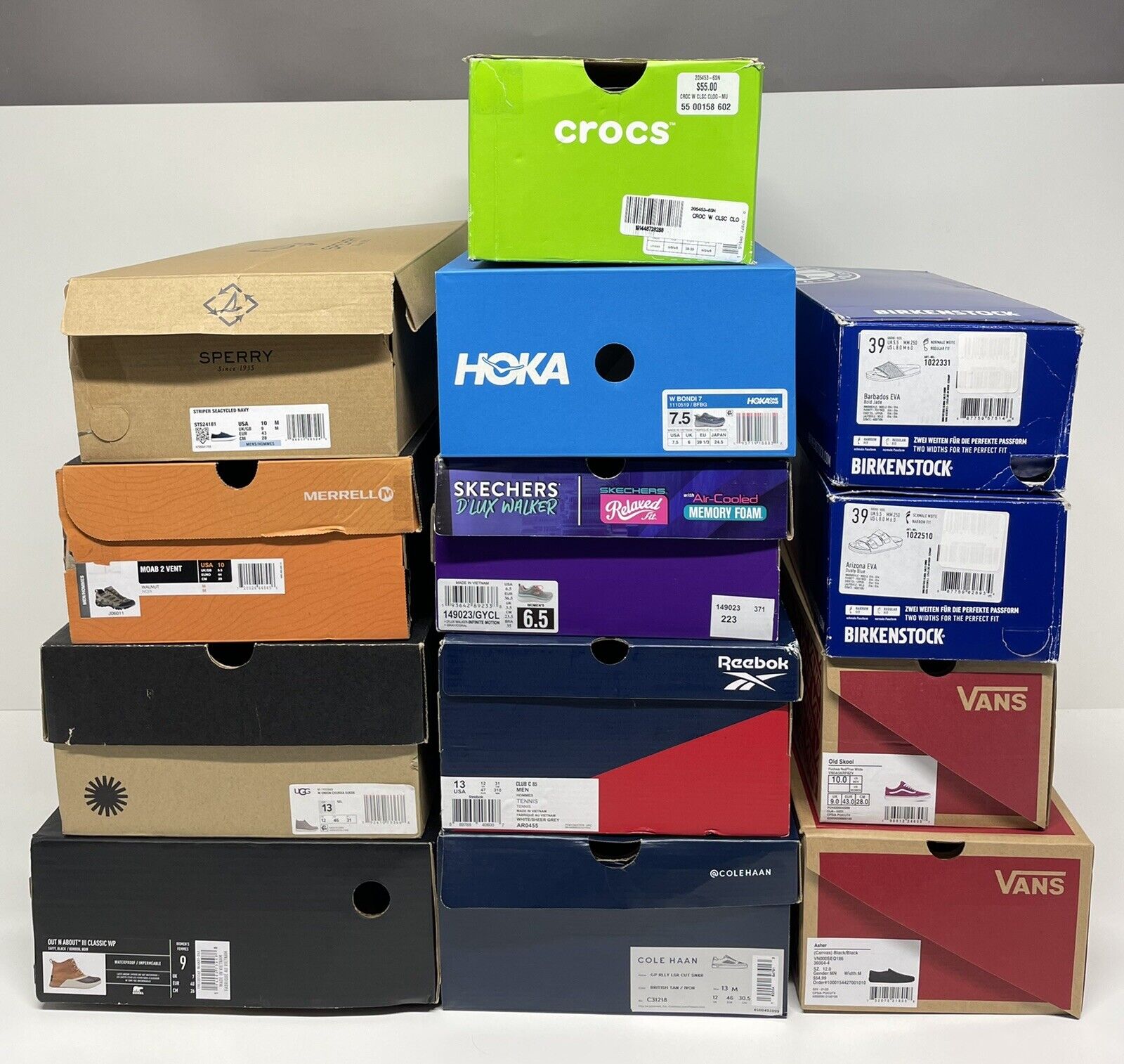 Lot of 13 Empty Shoe Sneaker Boxes-Hoka, Birkenstock, Vans, Crocs, Merrell, UGG Hoka, Birkenstock, Vans, Crocs, Merrell, Ugg, Skechers, Reebok Various models