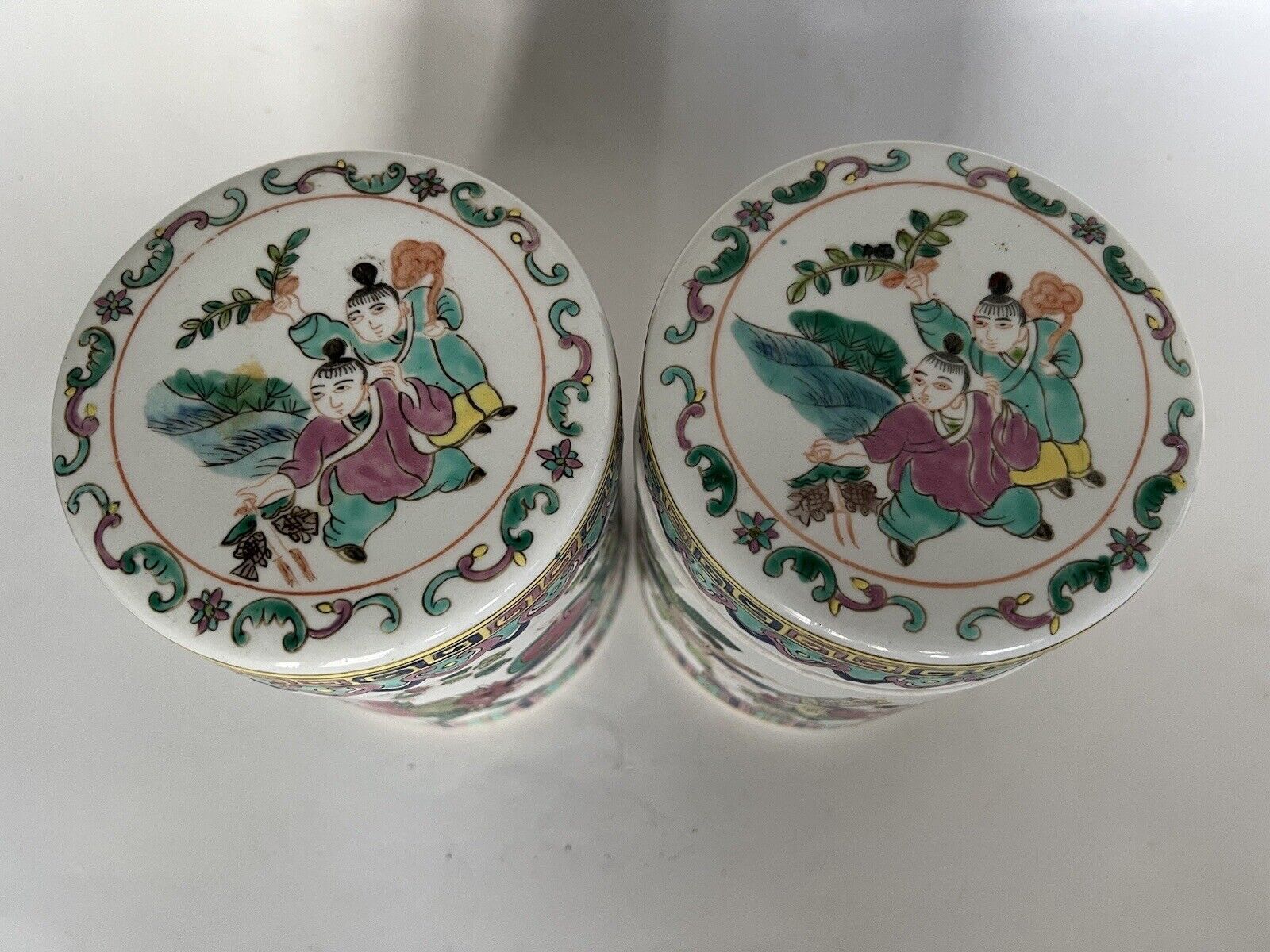 2 Antique Chinese Hand Paint Dragon Children Cylinder Hallmark Famille Jars 6" Без бренда - фотография #3