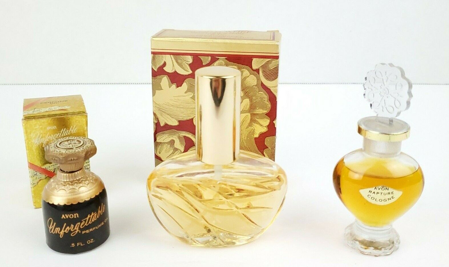 Lot of 3 Vintage Avon Perfume Bottles Rapture Foxfire Cologne Unforgettable Oil  Avon