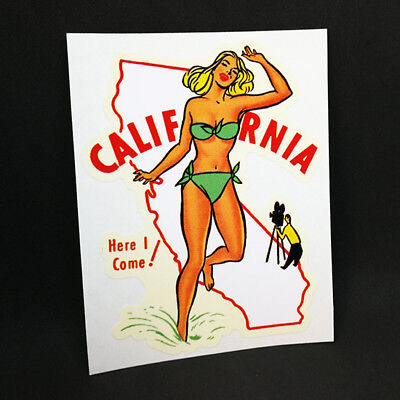 California Pinup Vintage Style Travel Decal, Vinyl Sticker, Luggage Label Без бренда
