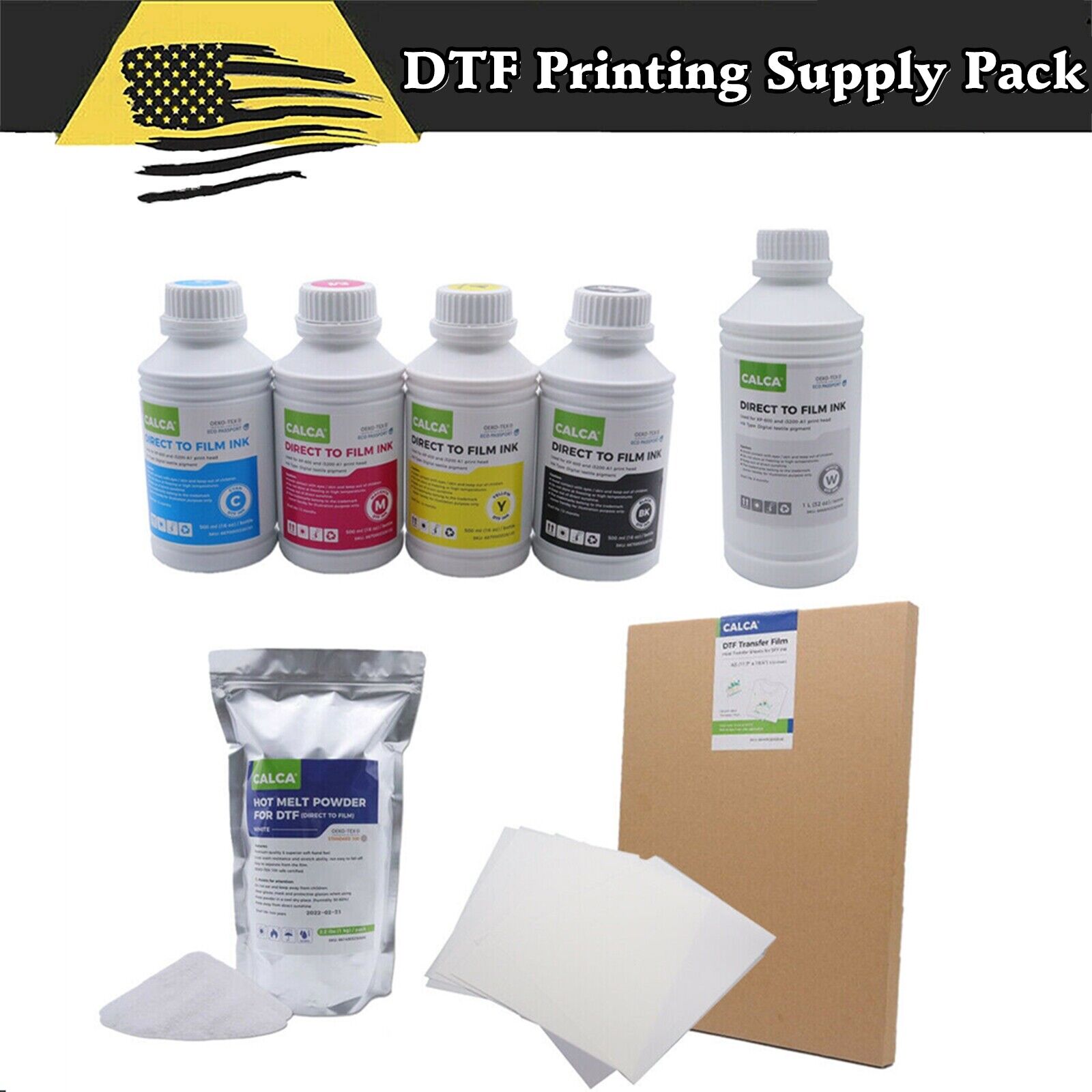 A3 DTF Film 100 Sheets + 500ml CMYK Ink + 1L White Ink + 2.2 lbs Adhesive Powder CALCA 6668003326800