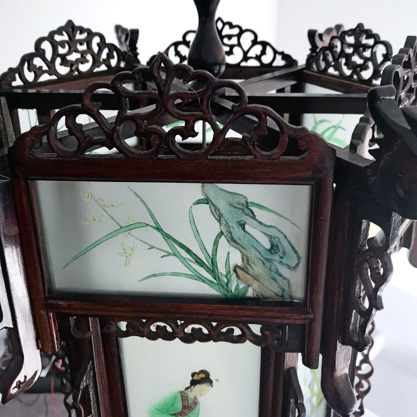 Rare Antique Chinese Zitan Hardwood Reverse Painted Glass Paneled Carved Lantern Без бренда - фотография #7