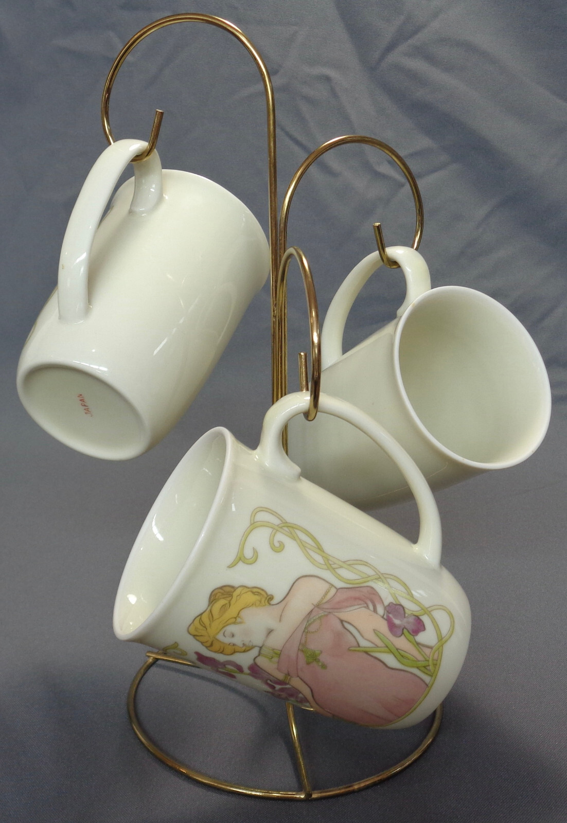 Set of 3 Vintage Cup Mugs Art Nouveau Mucha Style Japan + Brass PL. Cup Holder Unbranded