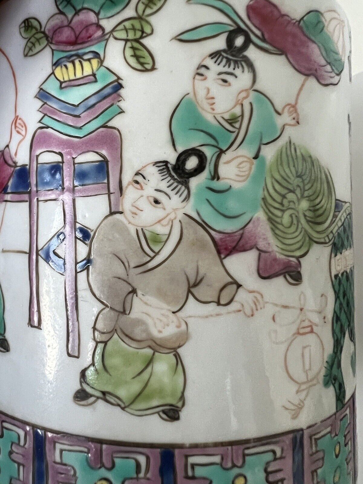 2 Antique Chinese Hand Paint Dragon Children Cylinder Hallmark Famille Jars 6" Без бренда - фотография #16