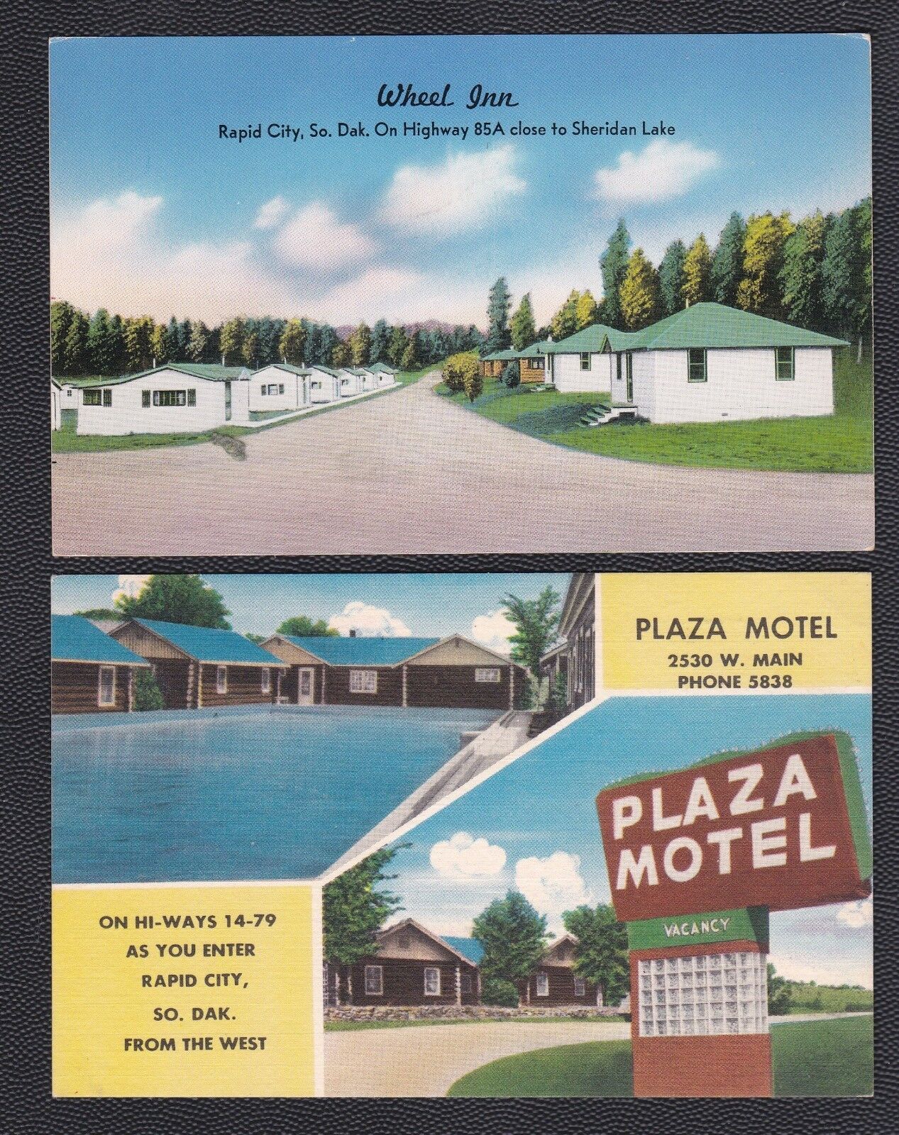 1950s Plaza Motel & Wheel Inn, RAPID CITY SD postcards, LOT 2 not mailed RARE Без бренда