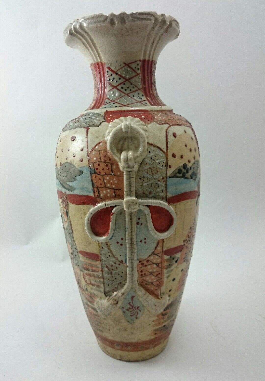 JAPANESE VASES Vintage Pair Ornate Asian Painted Craquelure Decor Pot ART  Без бренда - фотография #3