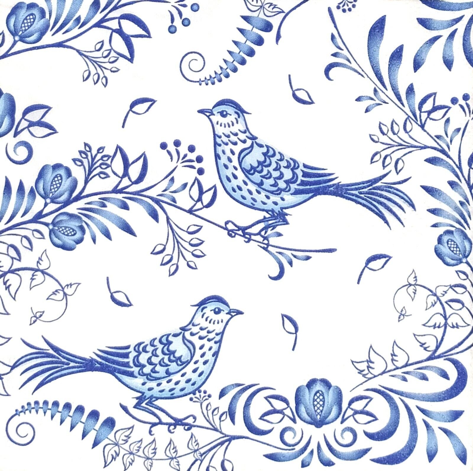 S294# 3 x Single SMALL Paper Napkins Decoupage Blue Flower Birds On White Paper Design 195078