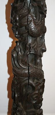 Tall Antique Chinese Carved Wood Pedestal. 2 Dragons & Carp Signed MAGNIFICIENT! Без бренда - фотография #9