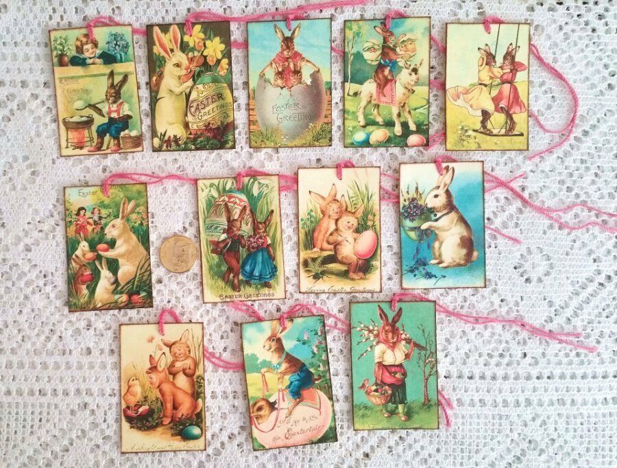 12~Easter~Vintage~Bunny~Rabbit~Hare~Fussy Cut~Linen Cardstock~Gift~Hang~Tags Без бренда