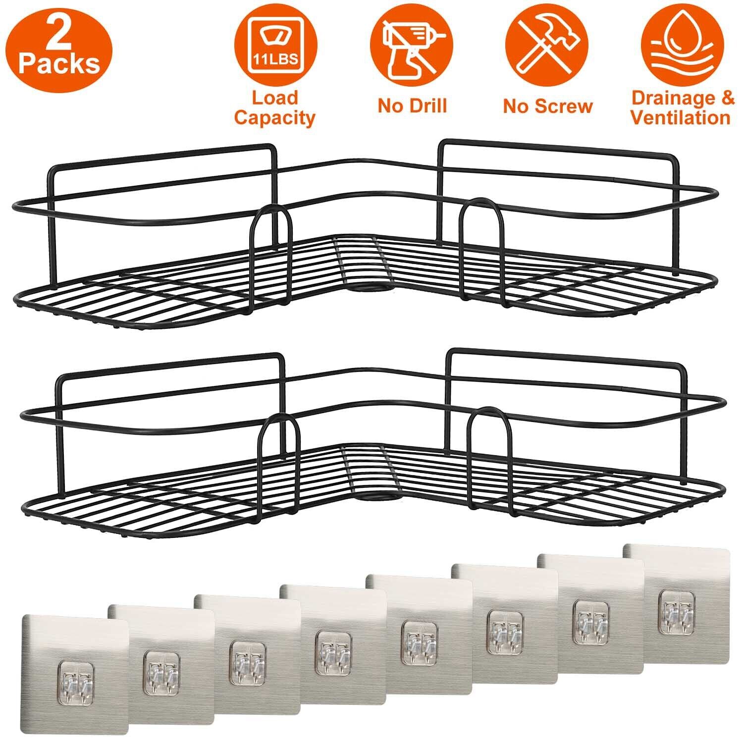 2Pack Corner Shower Caddy Shelf w/ 8Pcs Adhesive Hooks Wall Mounted Basket Rack iNova GPCT3089