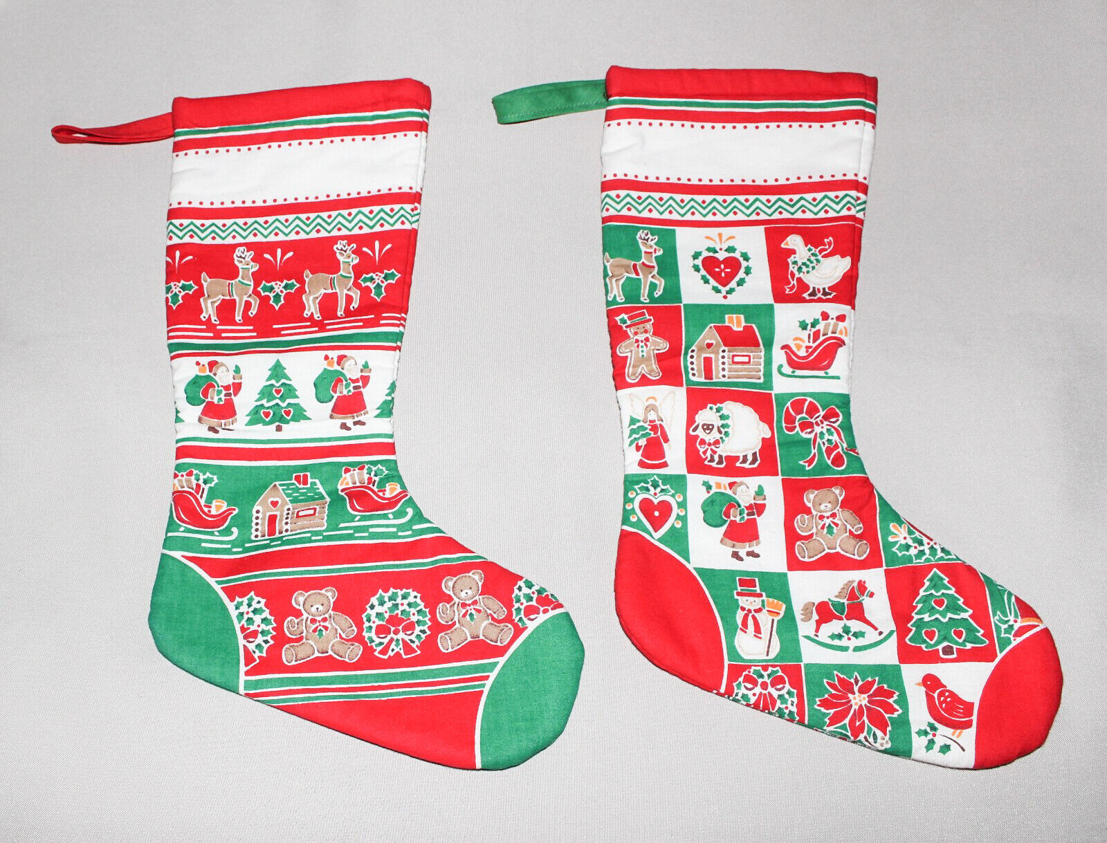 Vintage Handmade Craft Pattern Christmas Stockings (2) Red Green White 15” Long Handmade