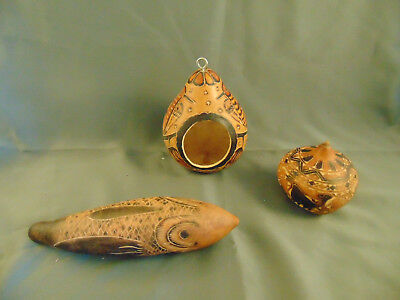 3 carved gourds cut dyed native birds fish birdhouse rattle decorative art craft Unbranded
