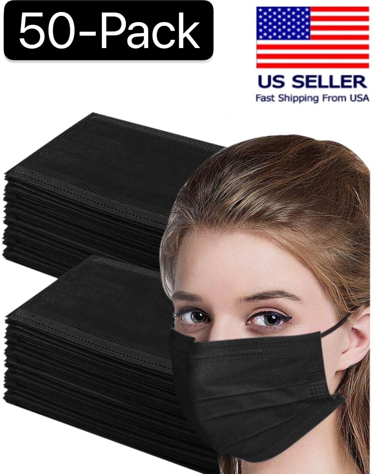 50 Pcs Black 3-Ply Face Mask Disposable Non Medical Surgical Earloop Mouth Cover Unbranded Does Not Apply