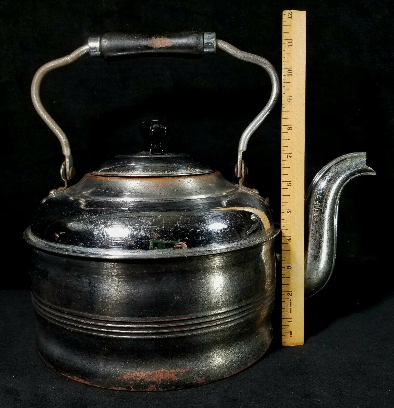 Antique Rochester Chromed Copper Tea Kettle W Lid & Wood Handle GOOD Functional Без бренда - фотография #4