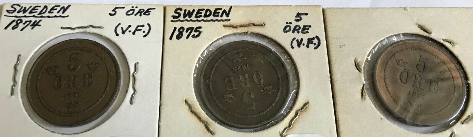 Sweden - lot of 3 coins - 5 ore - 1874 VF, 1875 VF, 1887 EF - KM 736 Без бренда - фотография #4