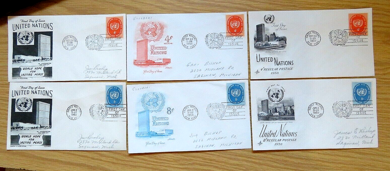 1958 SIX Different UN UNITED NATIONS REGULAR POSTAGE ISSUE COVERS  FDC 63 64 Без бренда