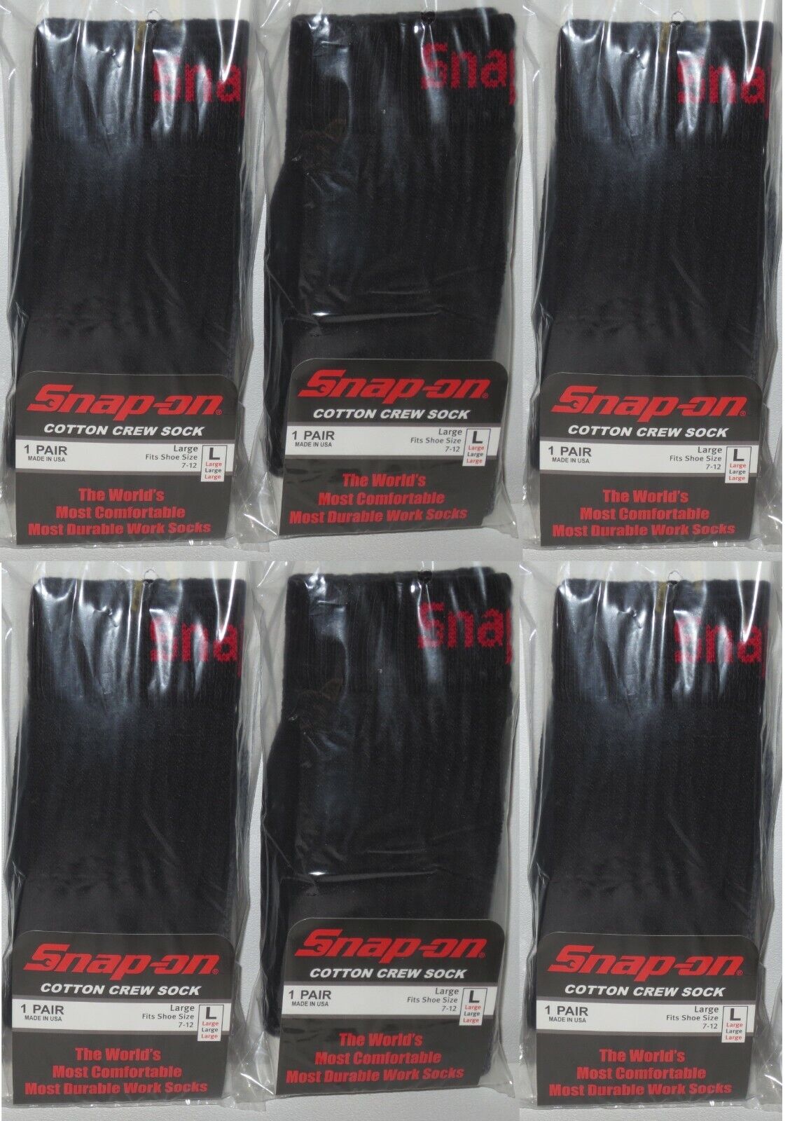 6 PAIRS - Snap-On Crew Socks Men's BLACK - LARGE ~ FREE SHIP ~ MADE IN USA *NEW* Snap-on