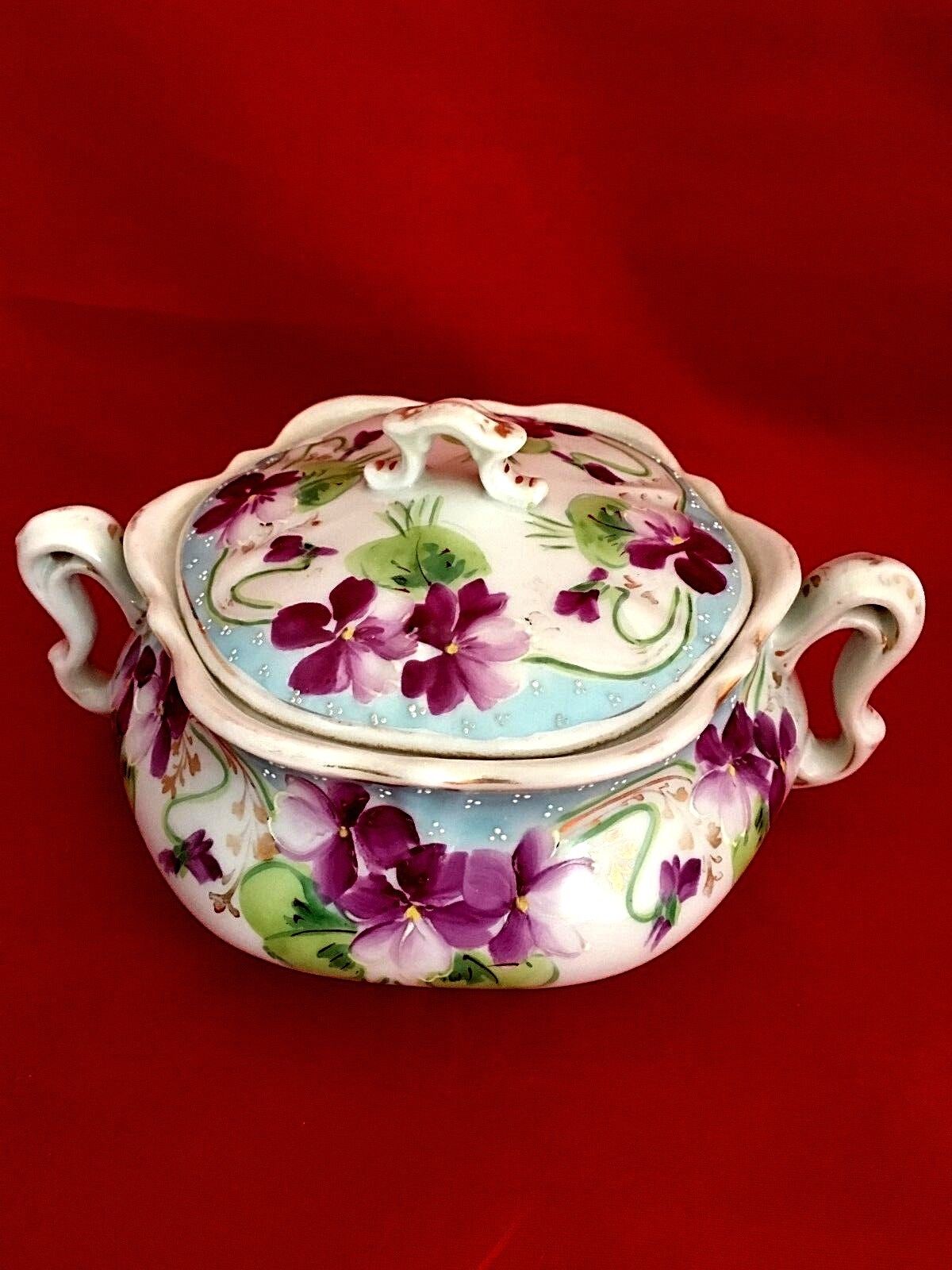 Antique Nippon Bowl Lidded with under plate cobalt edged floral violets design Без бренда - фотография #4